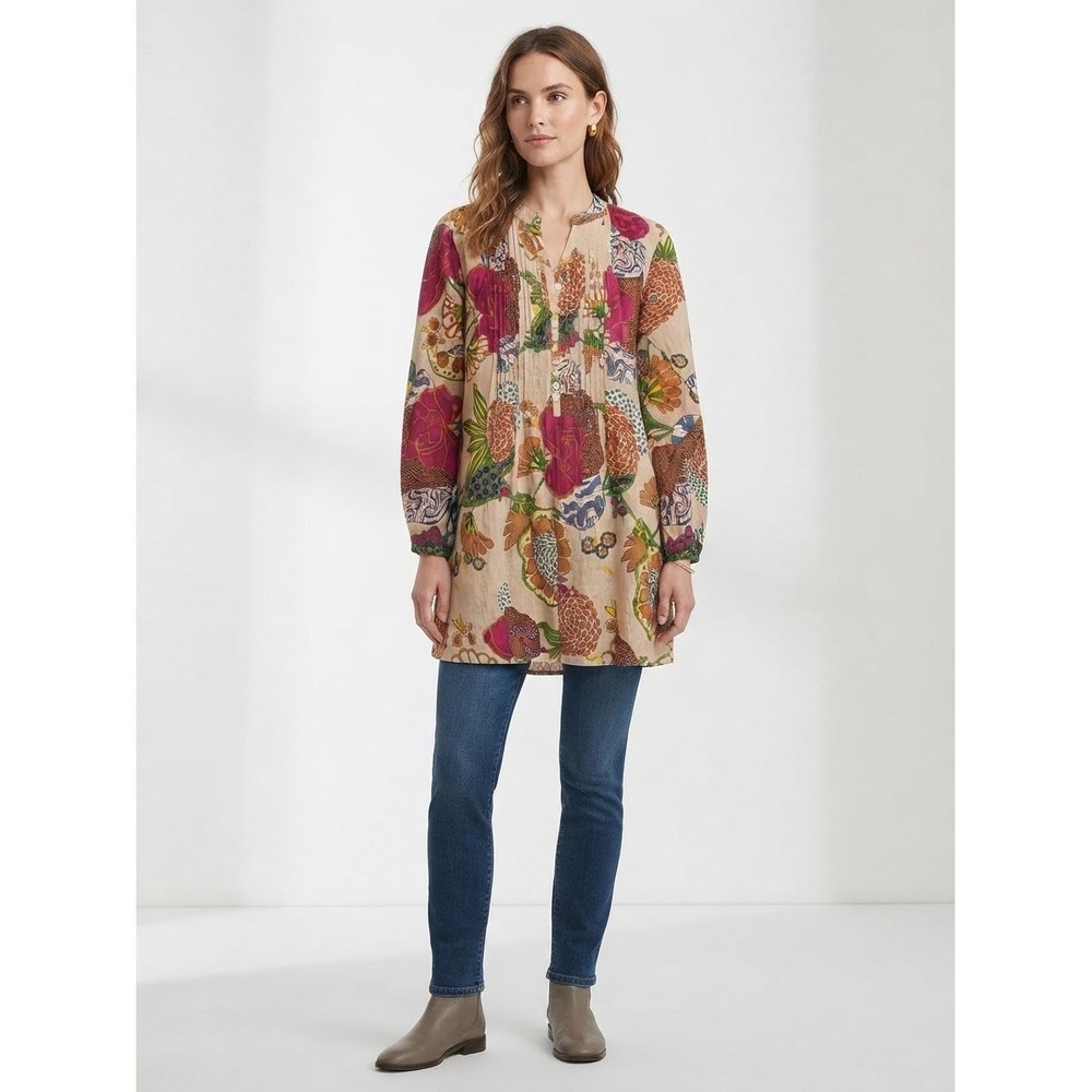 Floral Cotton Gauze Pintuck Tunic Blouse Long Sleeve Boho Top Tan Pink Large